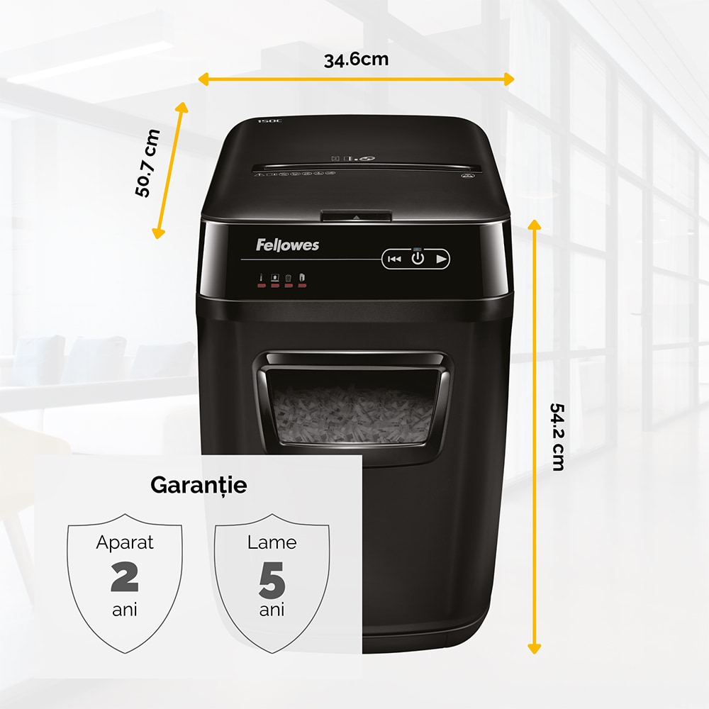 Distrugator documente automat FELLOWES AutoMax 150C, 150 coli, 32l, Cross-Cut, negru