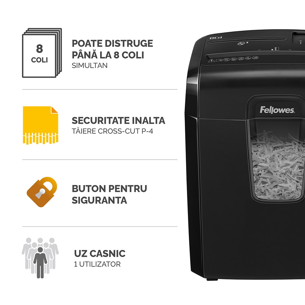 Distrugator documente manual FELLOWES Powershred 8Cd, 8 coli, 17l, Cross-Cut, negru