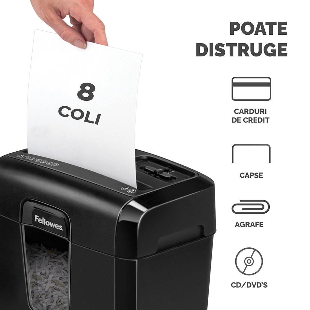 Distrugator documente manual FELLOWES Powershred 8Cd, 8 coli, 17l, Cross-Cut, negru