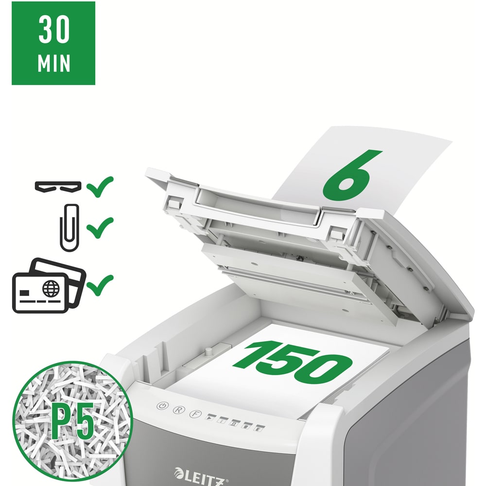 Distrugator documente automat LEITZ IQ OFFICE, 150 coli, 44l, Micro-cut, alb-gri