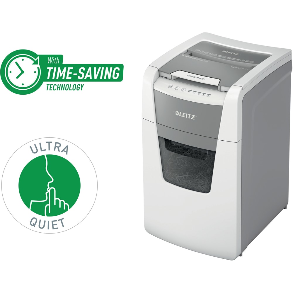 Distrugator documente automat LEITZ IQ OFFICE, 150 coli, 44l, Micro-cut, alb-gri