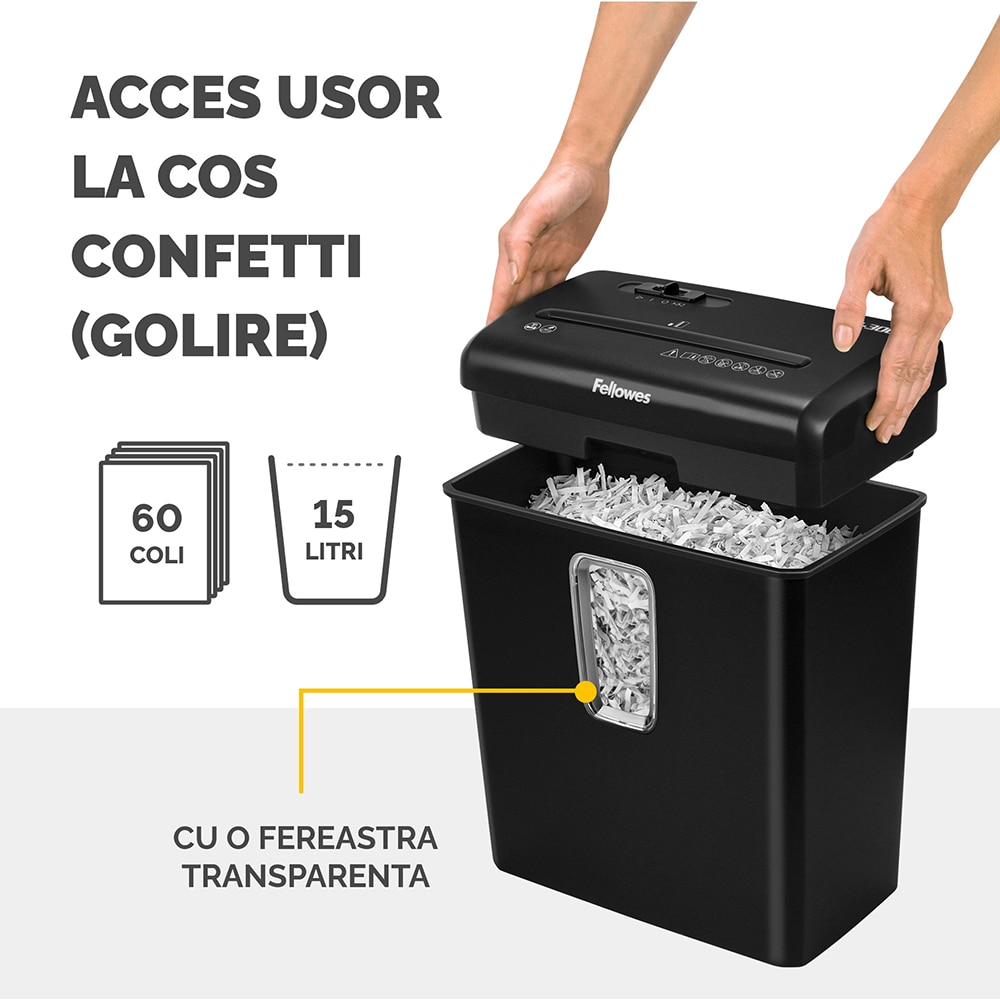Distrugator documente manual FELLOWES P-30C, 6 coli, 15l, Cross-cut, negru