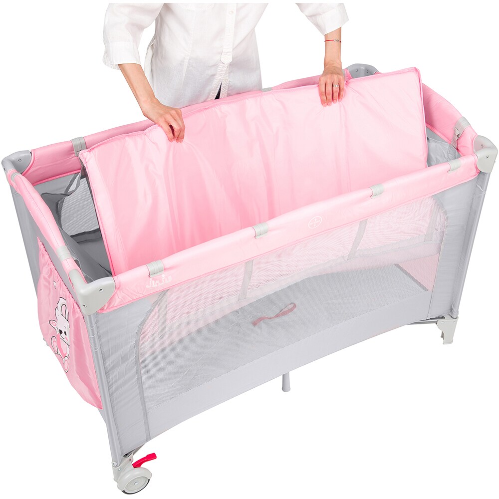 Patut pliabil JUJU Sleepy Baby - Hunny Bunny JU7970HB, 0 luni+, gri-roz