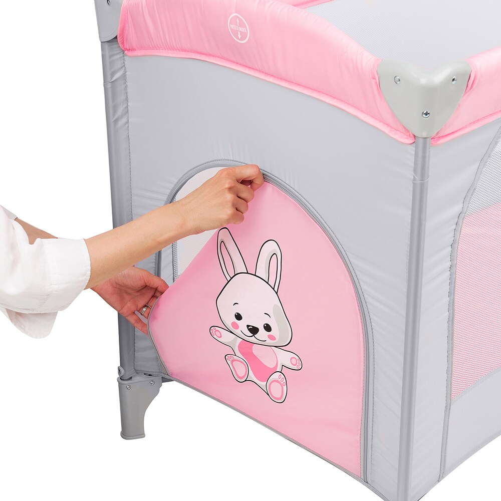 Patut pliabil JUJU Sleepy Baby - Hunny Bunny JU7970HB, 0 luni+, gri-roz