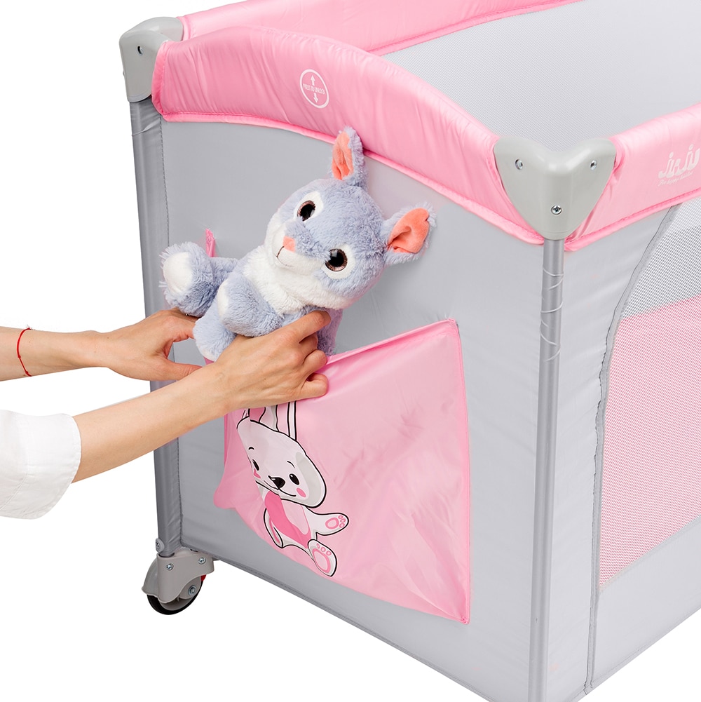 Patut pliabil JUJU Sleepy Baby - Hunny Bunny JU7970HB, 0 luni+, gri-roz