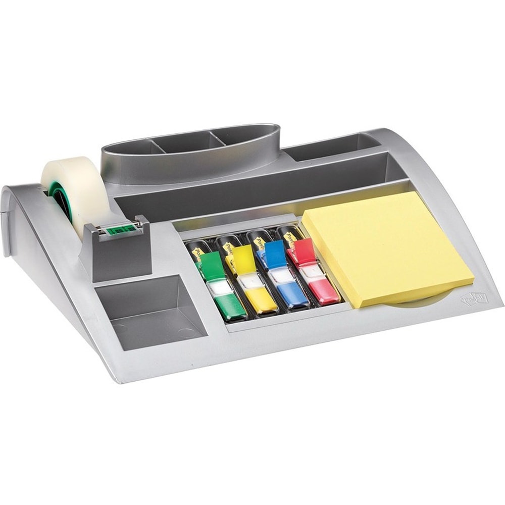 Suport accesorii birou 3M, echipat, 7 compartimente, plastic, argintiu