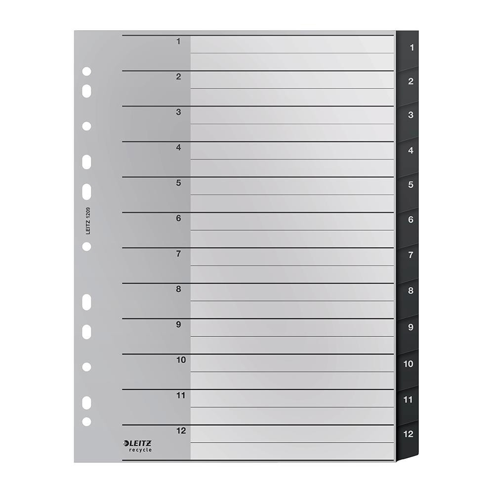 Separator LEITZ Recycle 1-12, 238 x 297 mm, polipropilena reciclata, 11 perforatii, format A4, negru