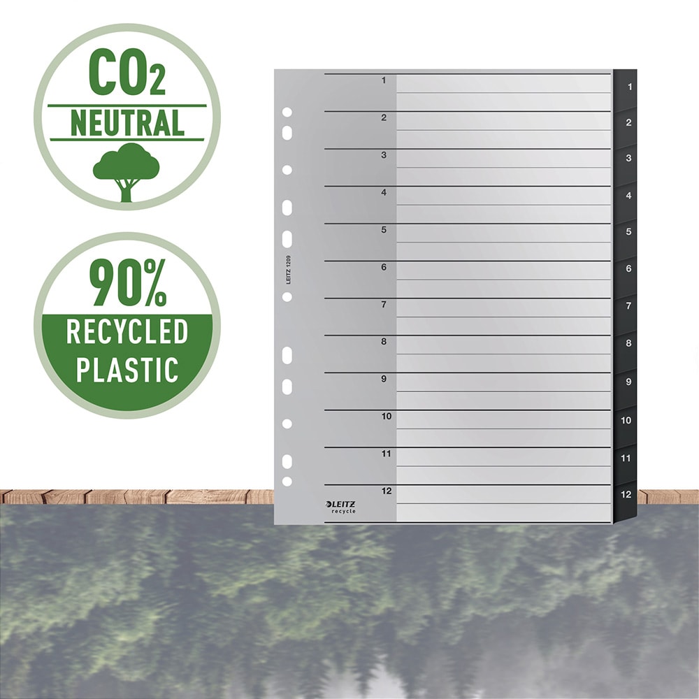 Separator LEITZ Recycle 1-12, 238 x 297 mm, polipropilena reciclata, 11 perforatii, format A4, negru