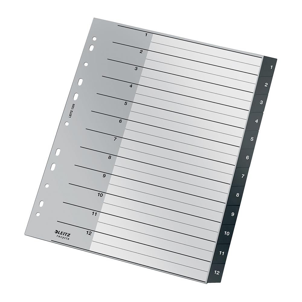 Separator LEITZ Recycle 1-12, 238 x 297 mm, polipropilena reciclata, 11 perforatii, format A4, negru