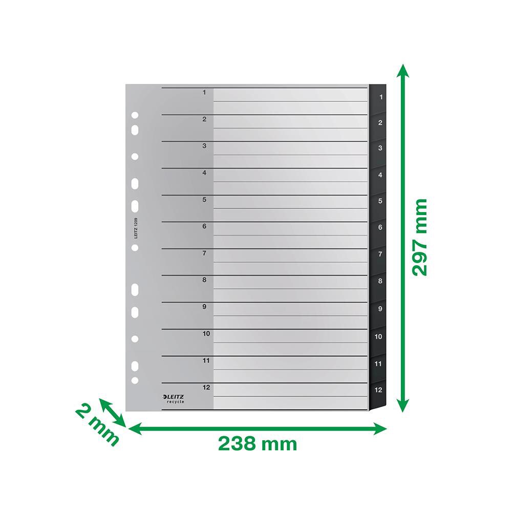 Separator LEITZ Recycle 1-12, 238 x 297 mm, polipropilena reciclata, 11 perforatii, format A4, negru