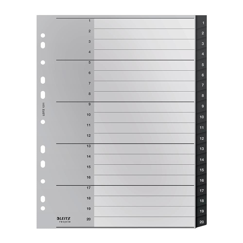 Separator LEITZ Recycle 1-20, 238 x 297 mm, polipropilena reciclata, 11 perforatii, format A4, negru
