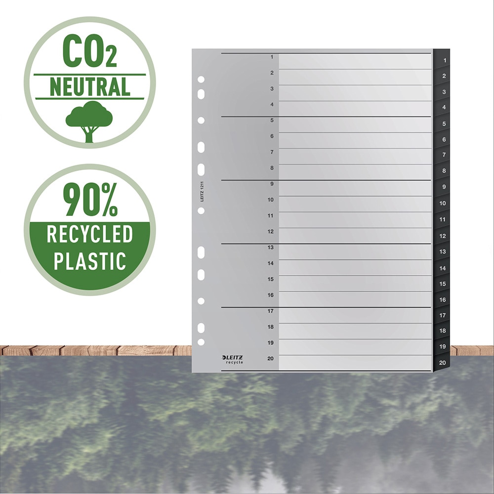 Separator LEITZ Recycle 1-20, 238 x 297 mm, polipropilena reciclata, 11 perforatii, format A4, negru