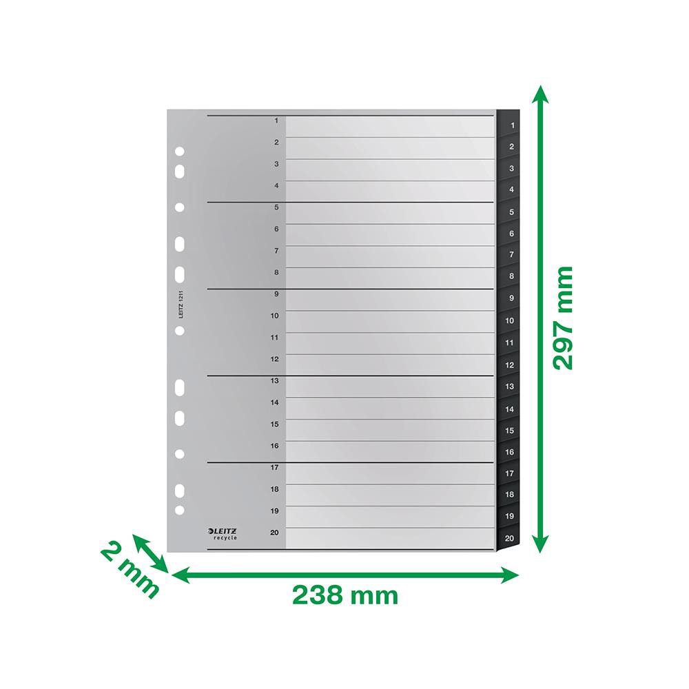 Separator LEITZ Recycle 1-20, 238 x 297 mm, polipropilena reciclata, 11 perforatii, format A4, negru