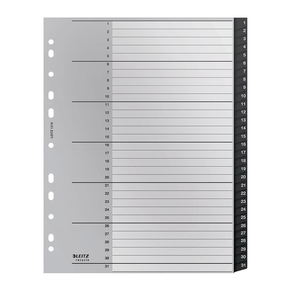 Separator LEITZ Recycle 1-31, 238 x 297 mm, polipropilena reciclata, 11 perforatii, format A4, negru