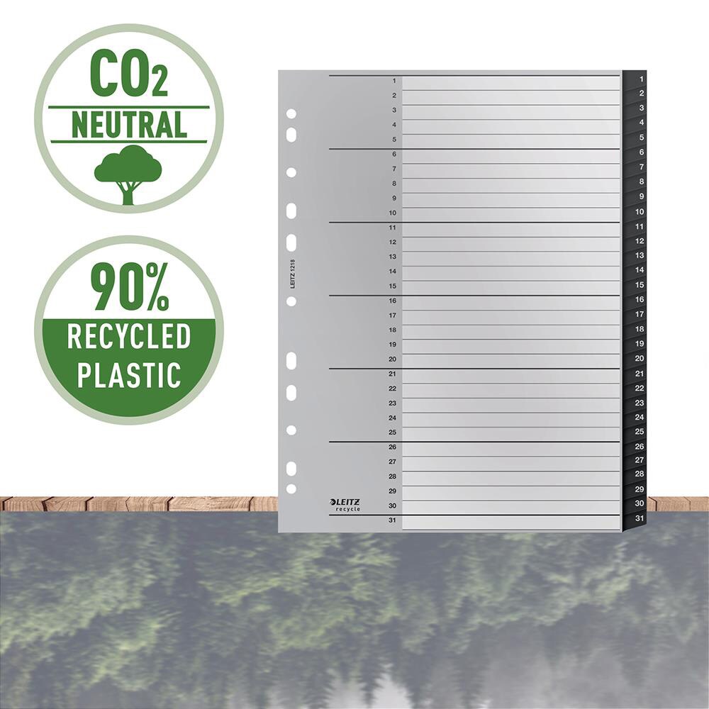 Separator LEITZ Recycle 1-31, 238 x 297 mm, polipropilena reciclata, 11 perforatii, format A4, negru