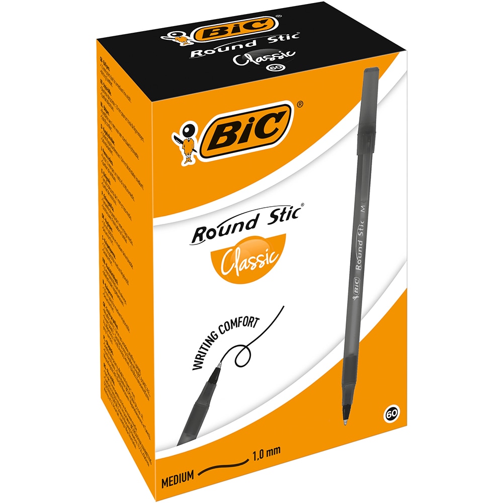 Set 60 pixuri fara mecanism BIC Round Stic, 1.0 mm, negru