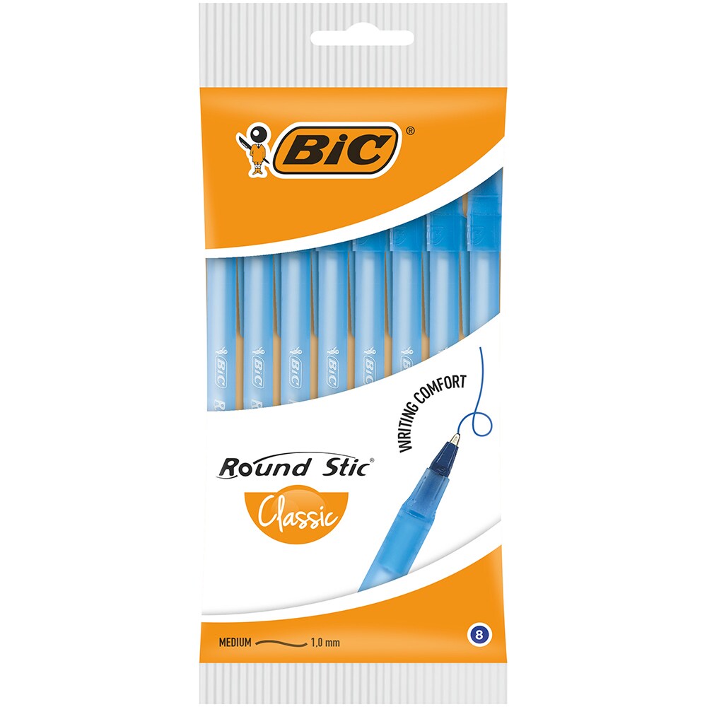 Set 8 pixuri fara mecanism BIC Round Stic, 1.0 mm, albastru