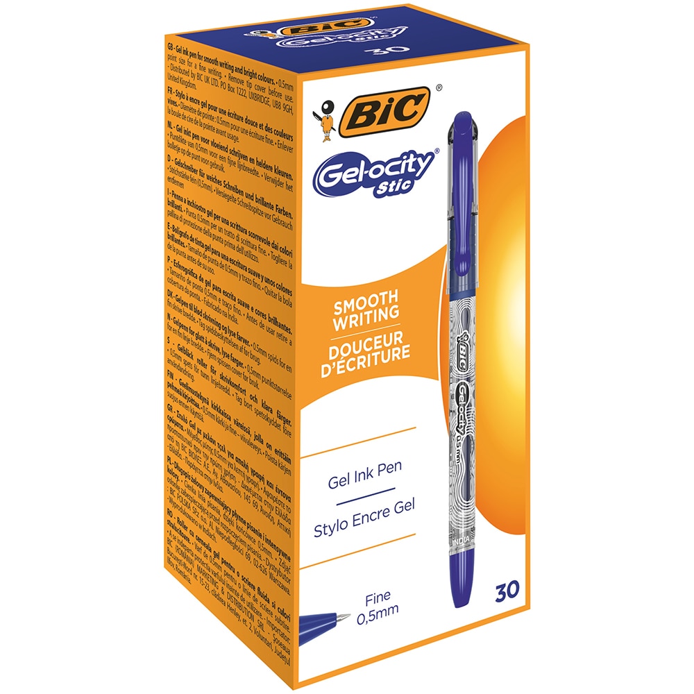 Set 30 rollere cu gel BIC Gelocity Stic, 0.5 mm, albastru