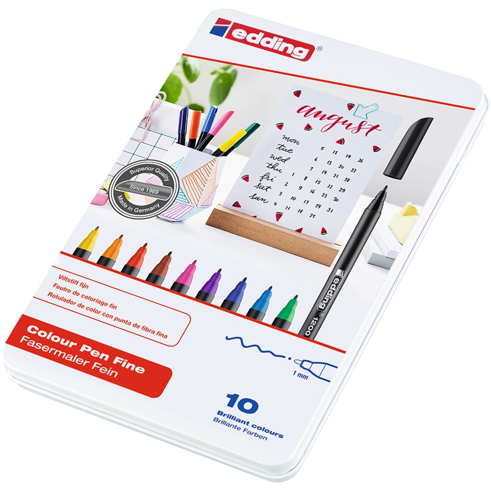 Set marker tip carioca EDDING 1200, 1 mm, 10 bucati, cutie metalica