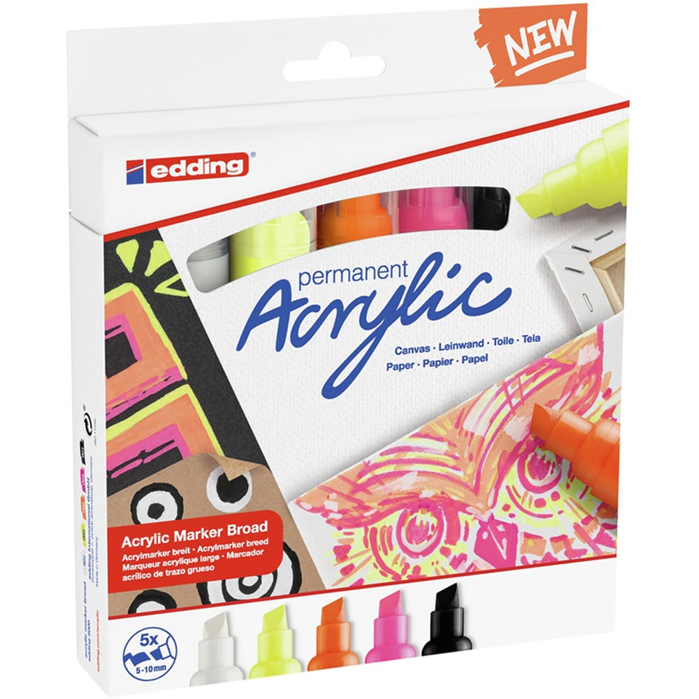 Set marker acrilic EDDING 5000, 5-10 mm, 5 bucati, culori neon
