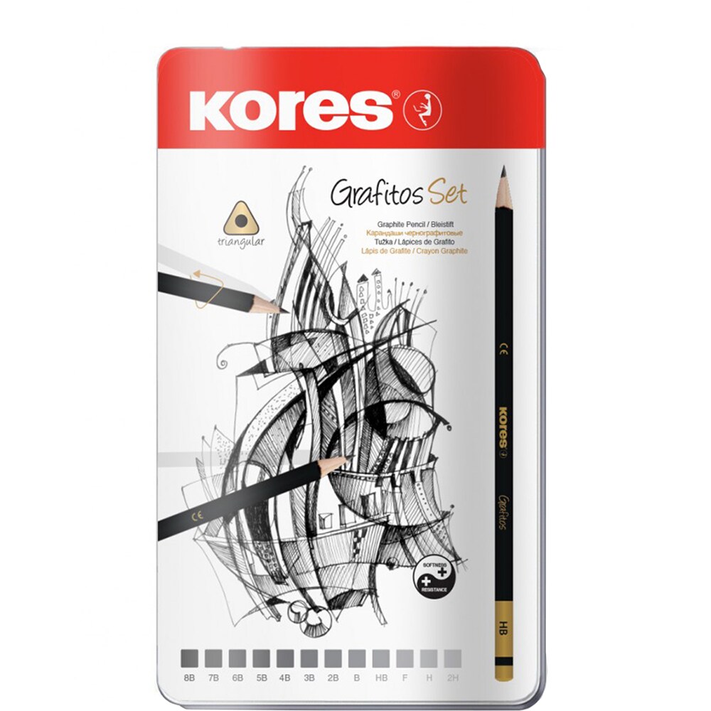 Set 12 creioane grafit KORES 2H-8B, negru