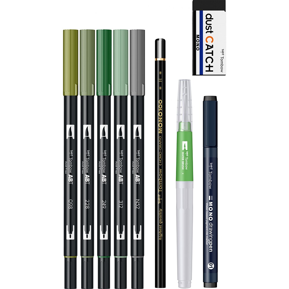 Set markere TOMBOW Watercoloring Greenery, 0.8-3.3mm, 5 culori