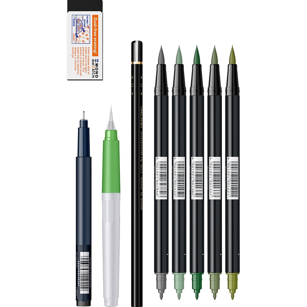 Set markere TOMBOW Watercoloring Greenery, 0.8-3.3mm, 5 culori