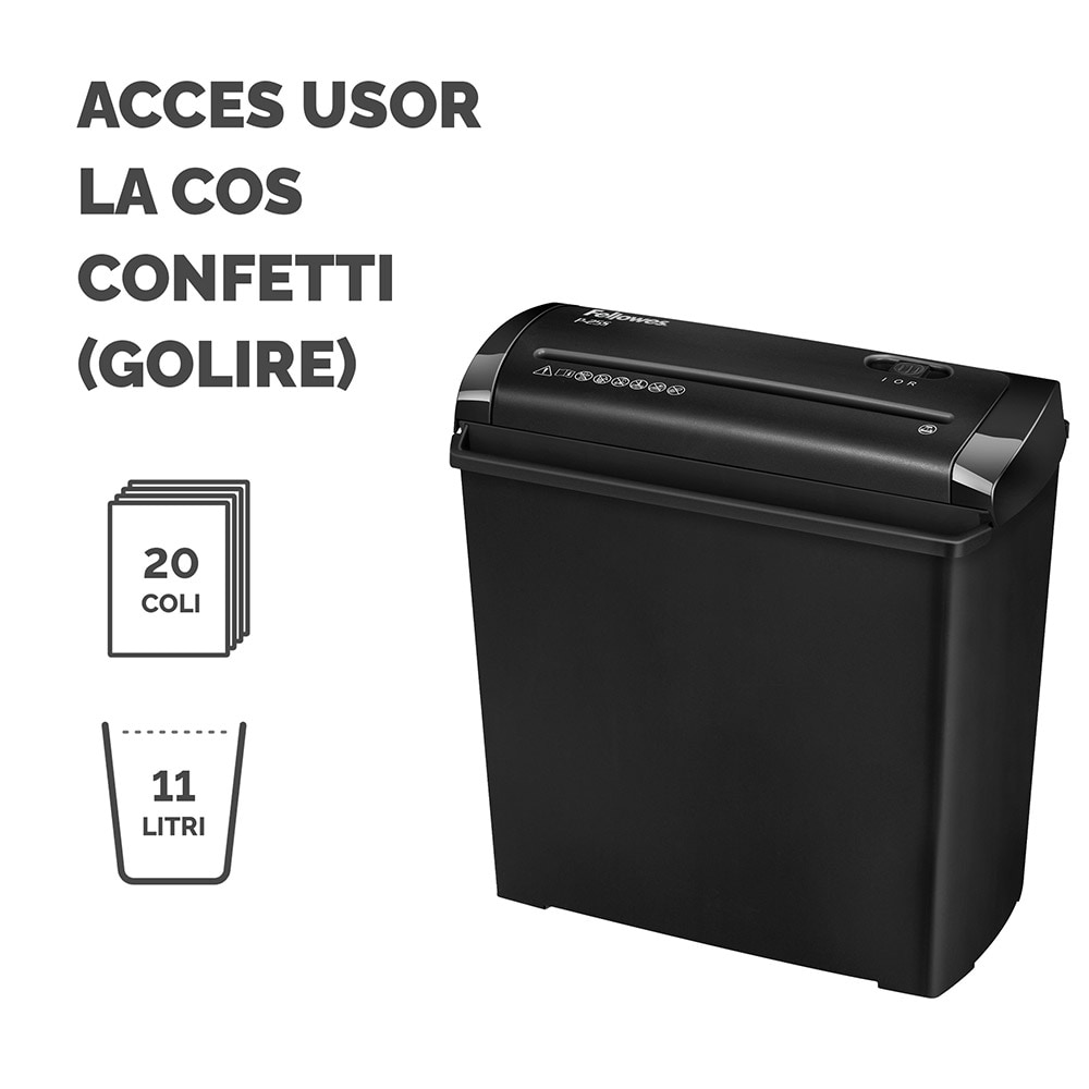 Distrugator documente manual FELLOWES Powershred P-25S, 5 coli, 11l, Strip-Cut, negru