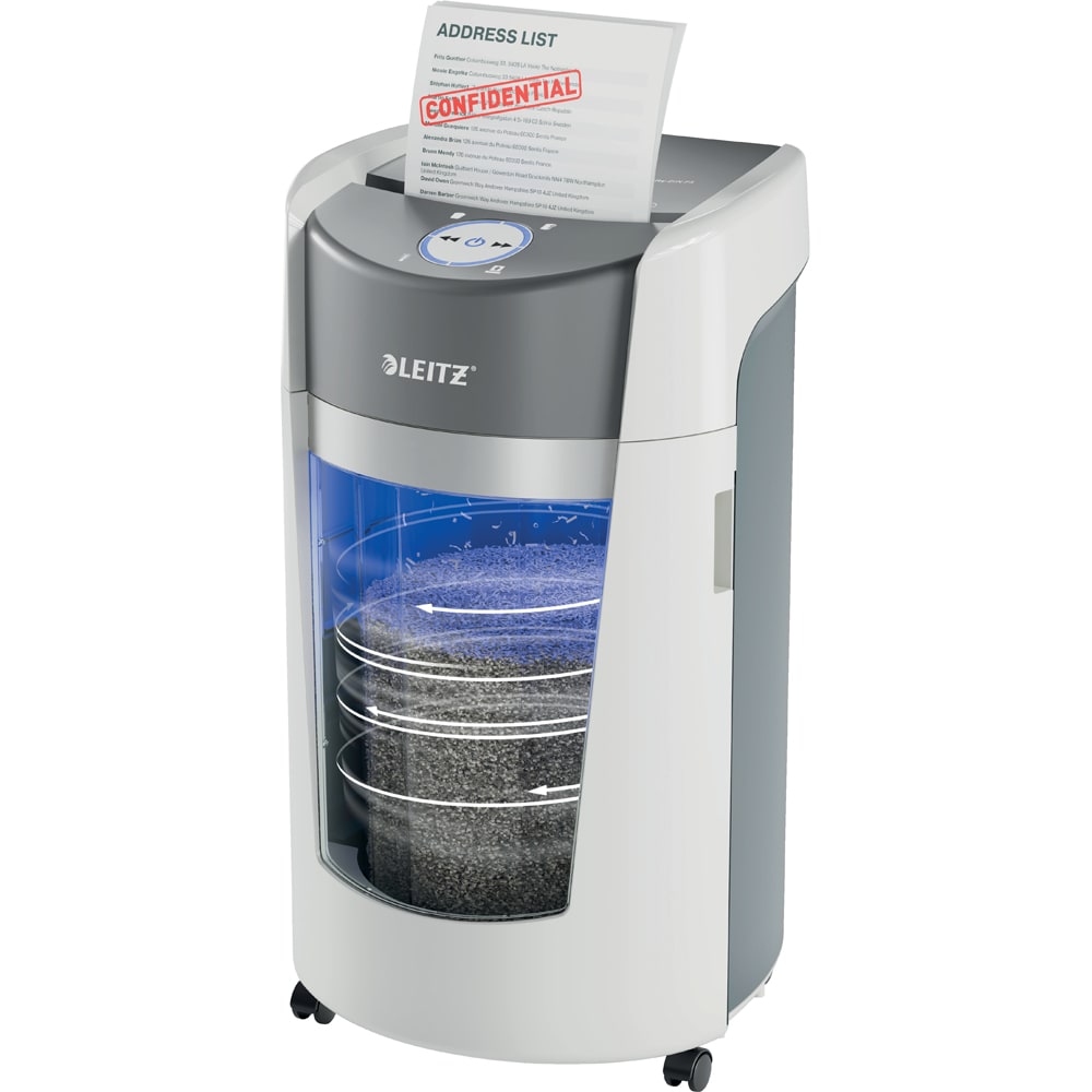 Distrugator documente manual LEITZ Optimax, 10 coli, 35l, Micro-Cut, alb-gri