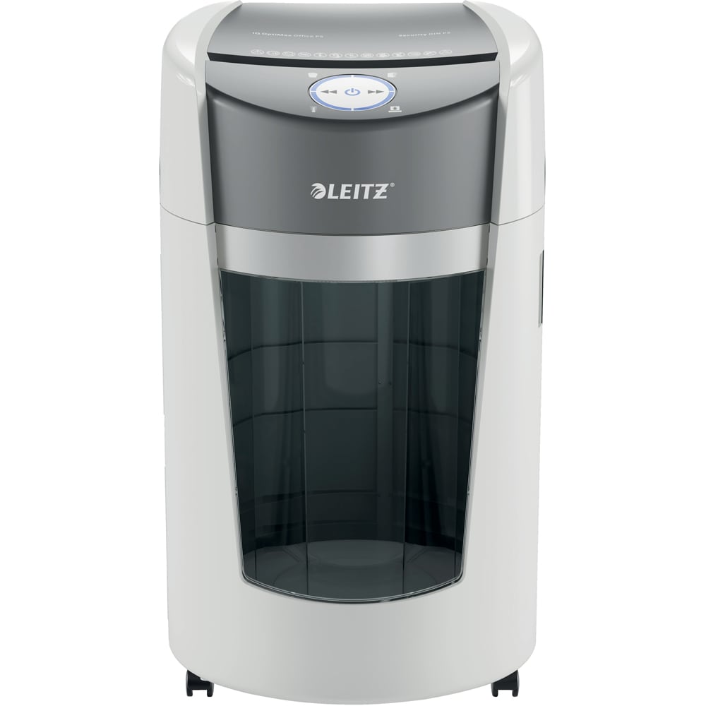Distrugator documente manual LEITZ Optimax, 10 coli, 35l, Micro-Cut, alb-gri