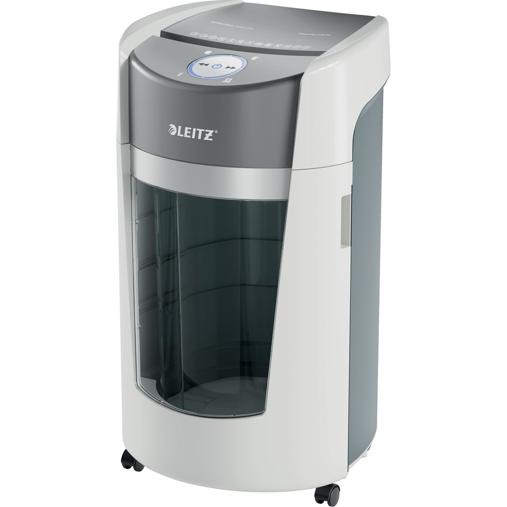 Distrugator documente manual LEITZ Optimax, 10 coli, 35l, Micro-Cut, alb-gri