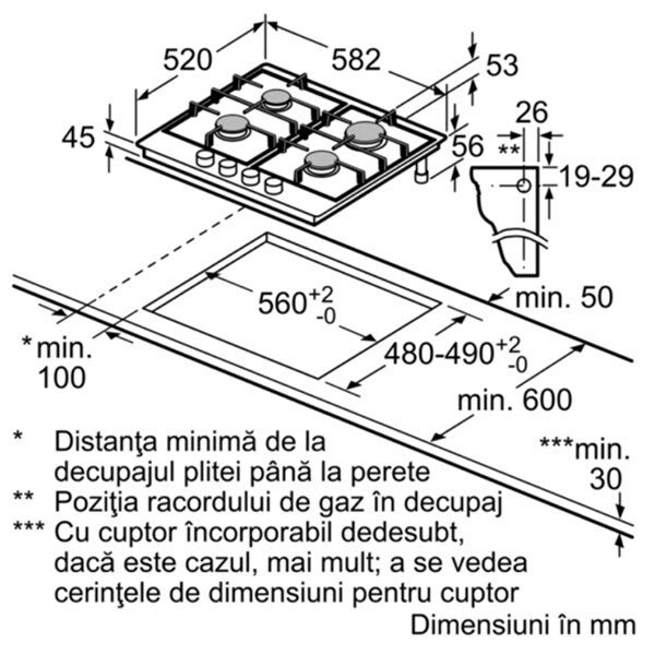 Plita incorporabila BOSCH PCP6A5B90, gaz, 4 arzatoare, inox