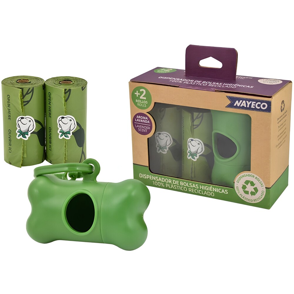 Dispenser pungi igienice pentru caini NAYECO Lavanda, 2 rezerve, verde