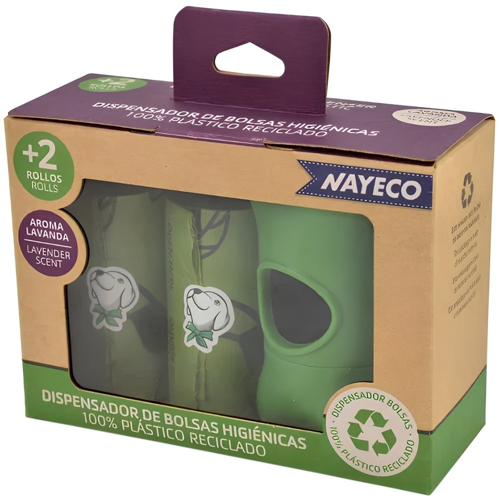 Dispenser pungi igienice pentru caini NAYECO Lavanda, 2 rezerve, verde
