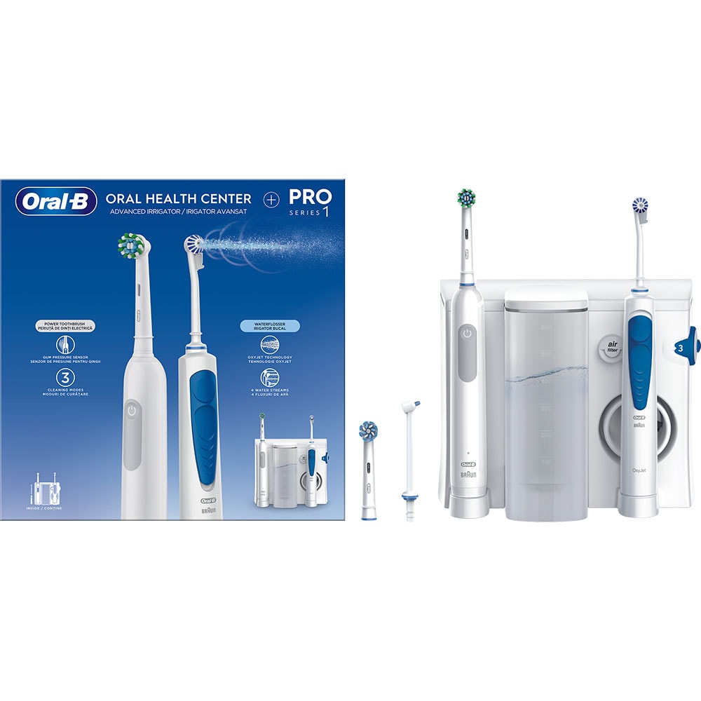 Set irigator bucal ORAL-B Oral Health Center, 5 viteze, 4 capete, 600ml, alb + Periuta de dinti electrica ORAL-B Pro Series 1, 2 programe, alb