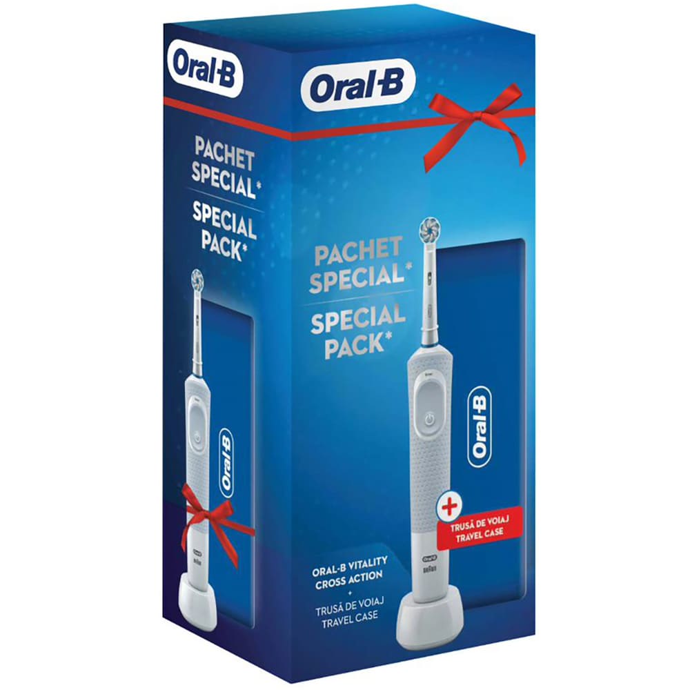 Periuta de dinti electrica ORAL-B Vitality Cross Action D100, 7600 oscilatii/min, 1 program, 1 capat, alb + Trusa de calatorie