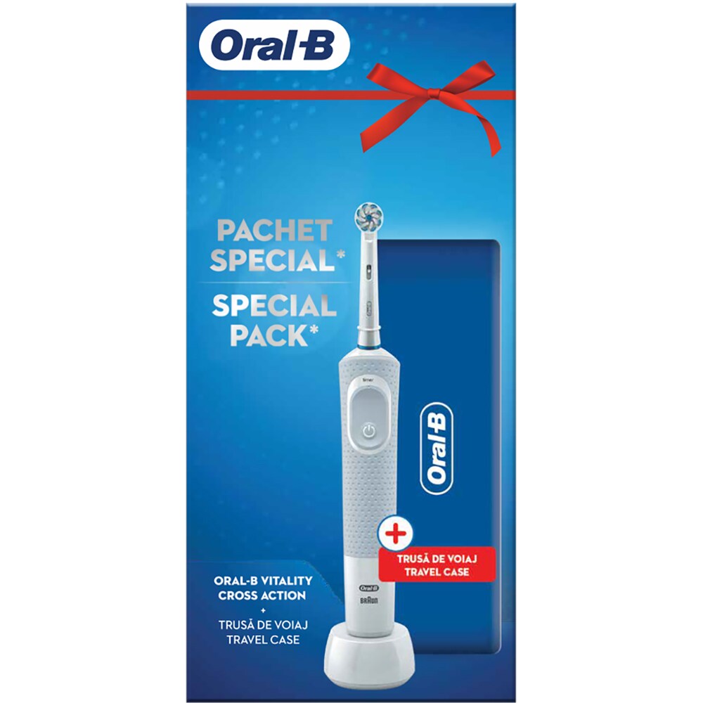 Periuta de dinti electrica ORAL-B Vitality Cross Action D100, 7600 oscilatii/min, 1 program, 1 capat, alb + Trusa de calatorie