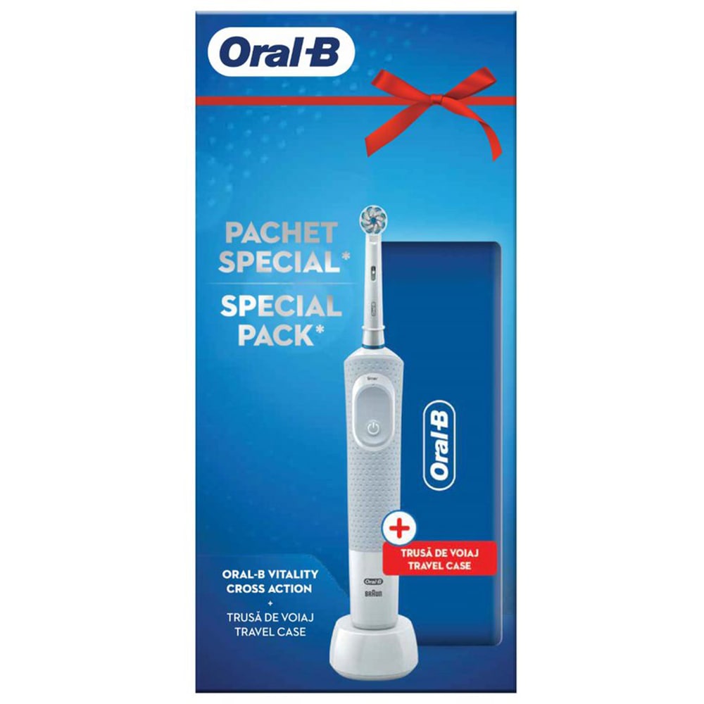 Periuta de dinti electrica ORAL-B Vitality Cross Action D100, 7600 oscilatii/min, 1 program, 1 capat, alb + Trusa de calatorie