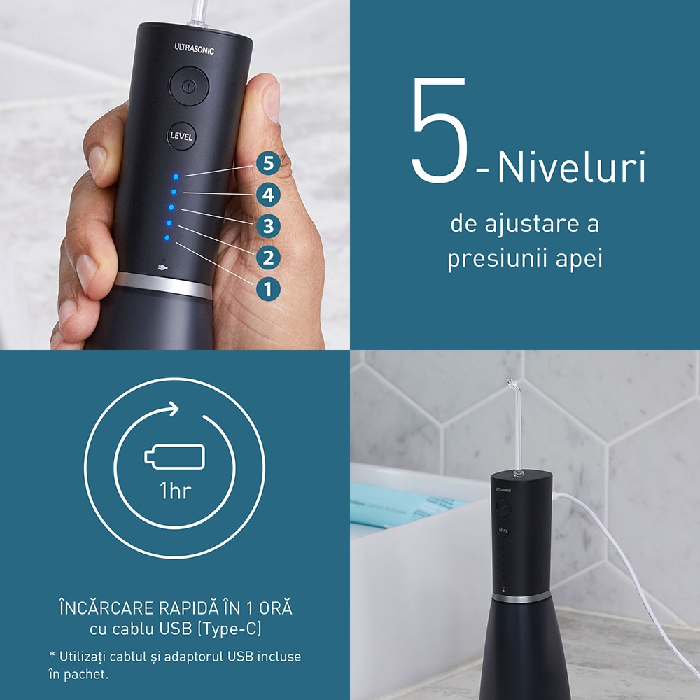 Irigator bucal PANASONIC EW-DJ86-K503, 5 viteze, 2 capete, 200ml, negru