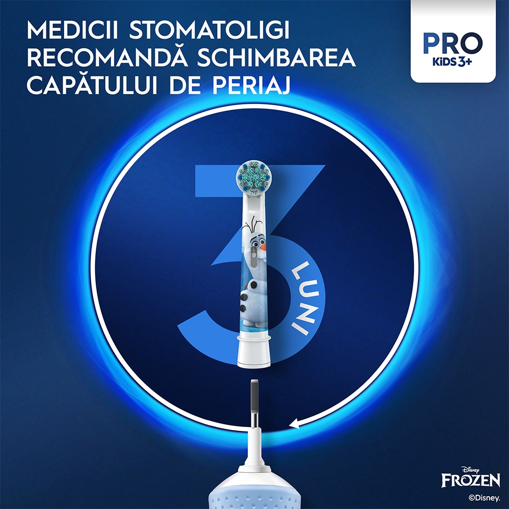 Periuta de dinti electrica copii ORAL-B Pro Kids Frozen, 7600 miscari/min, Curatare 2D, 2 programe, 1 capat, albastru