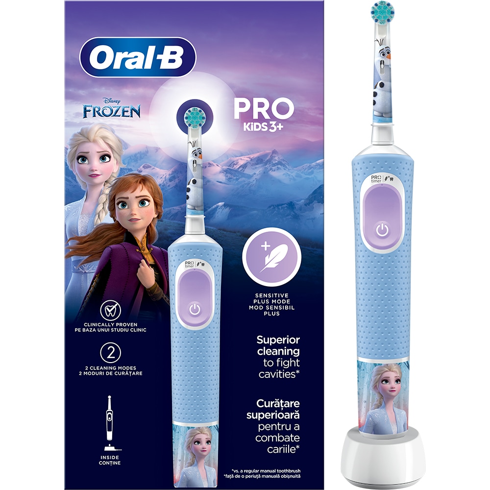 Periuta de dinti electrica copii ORAL-B Pro Kids Frozen, 7600 miscari/min, Curatare 2D, 2 programe, 1 capat, albastru
