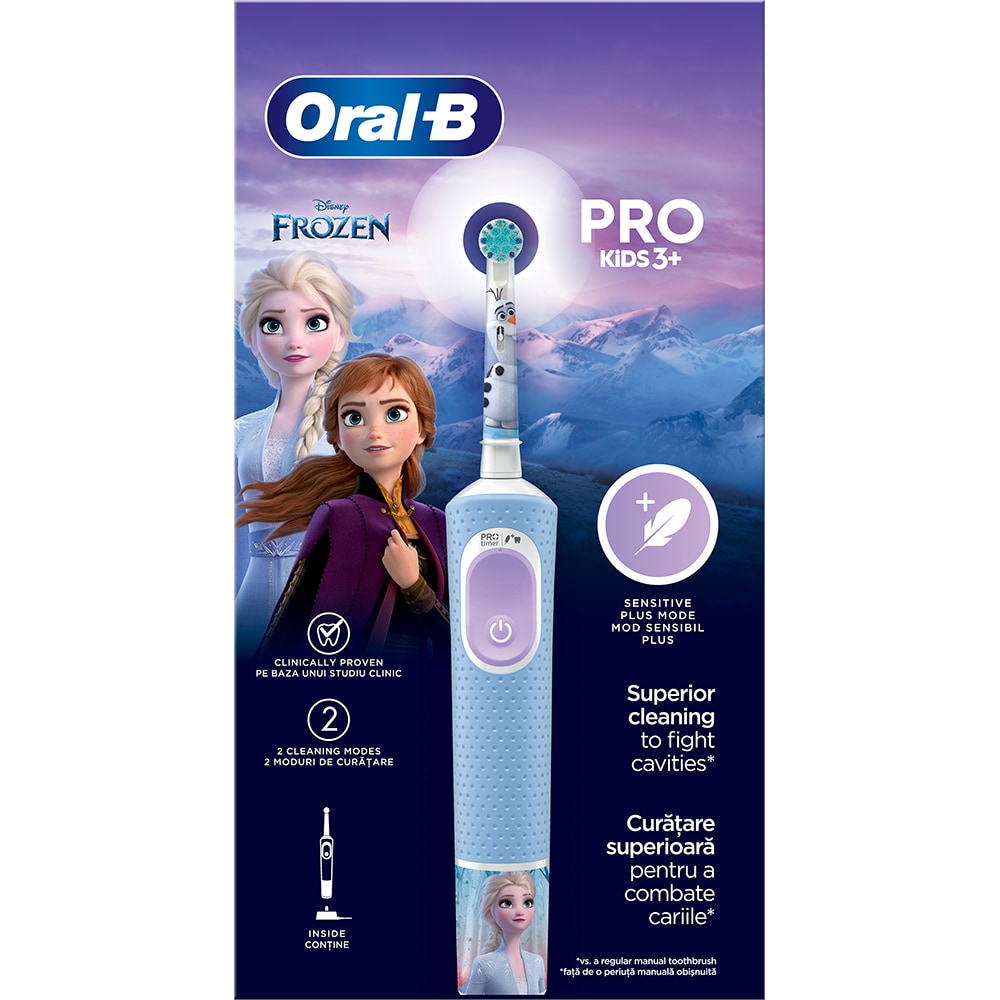 Periuta de dinti electrica copii ORAL-B Pro Kids Frozen, 7600 miscari/min, Curatare 2D, 2 programe, 1 capat, albastru