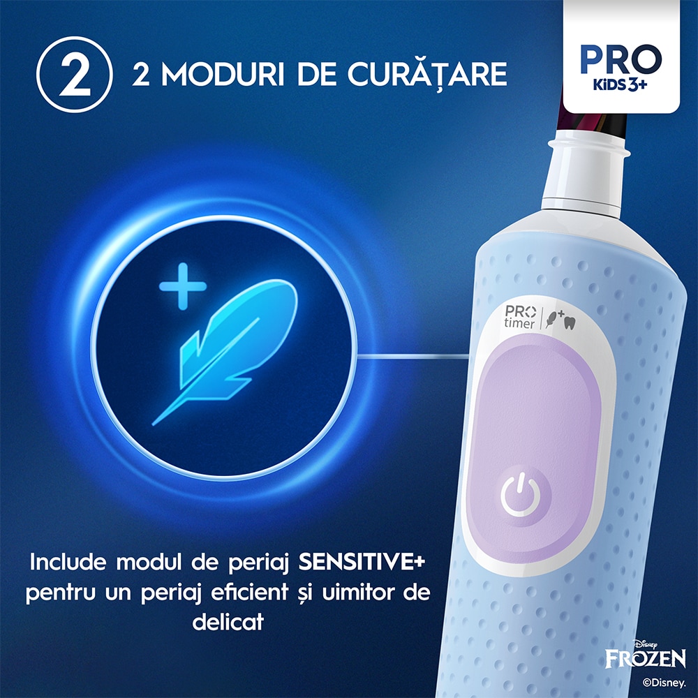 Periuta de dinti electrica copii ORAL-B Pro Kids Frozen, 7600 miscari/min, Curatare 2D, 2 programe, 1 capat, albastru