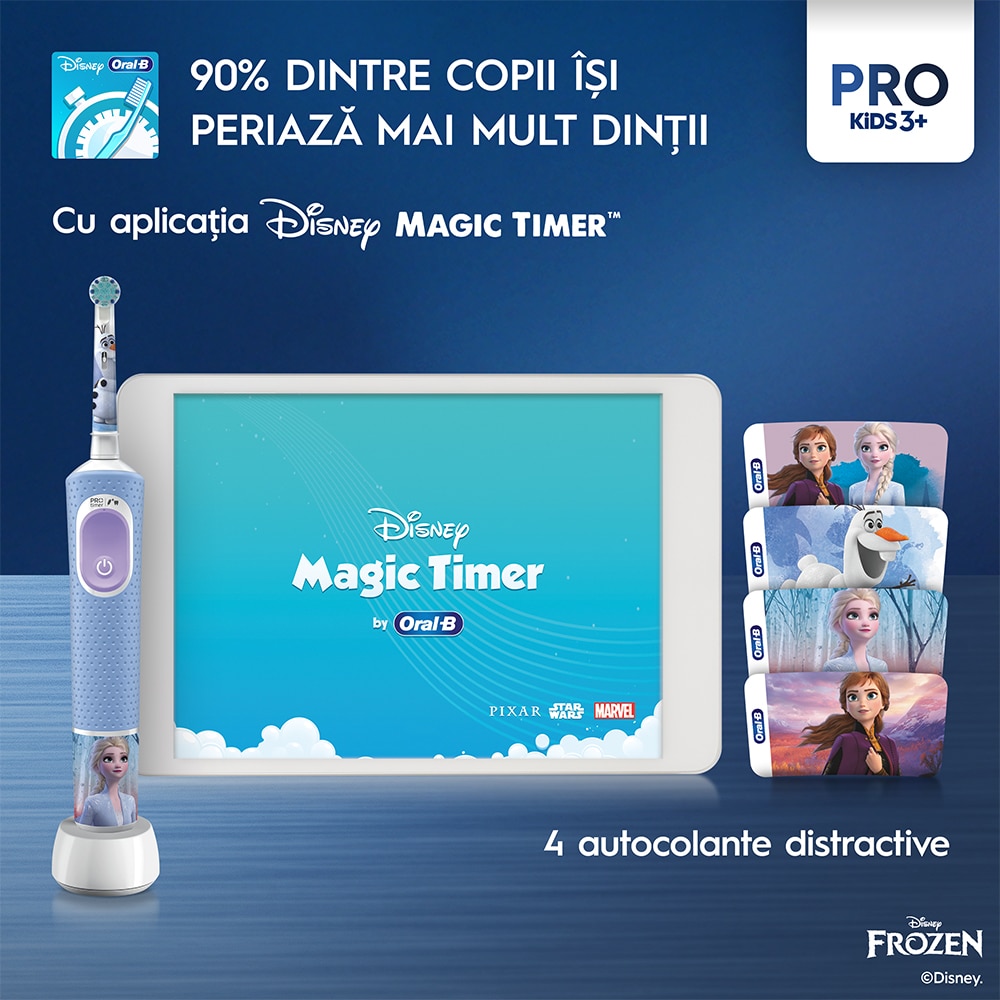 Periuta de dinti electrica copii ORAL-B Pro Kids Frozen, 7600 miscari/min, Curatare 2D, 2 programe, 1 capat, albastru