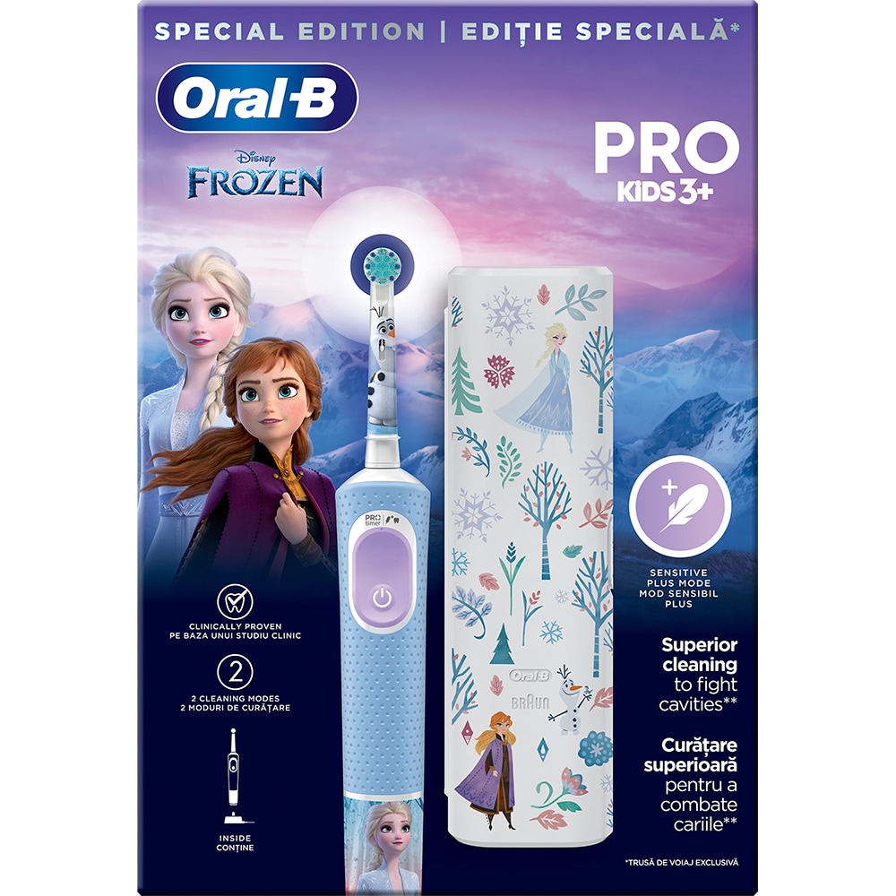 Periuta de dinti electrica copii ORAL-B Pro Kids Frozen, 7600 miscari/min, Curatare 2D, 2 programe, 1 capat, albastru