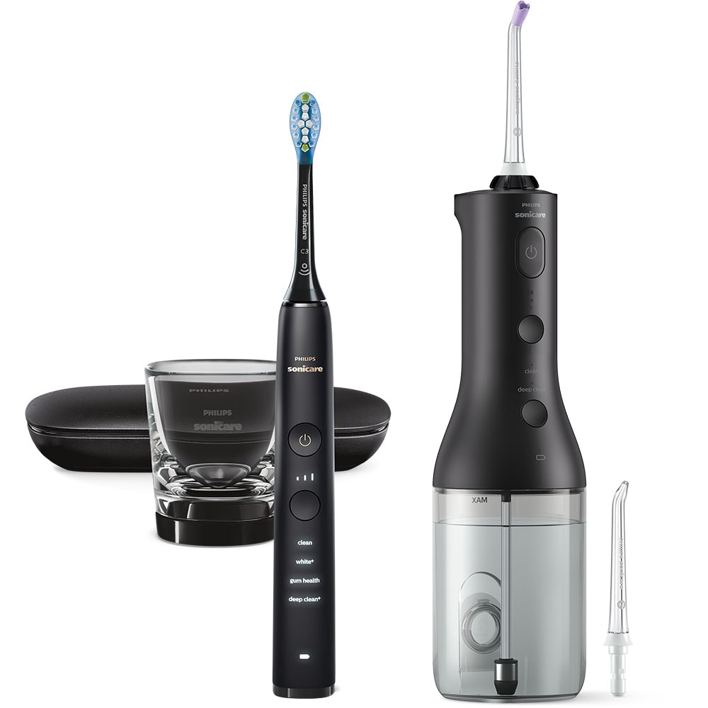Set irigator bucal PHILIPS 3000 Power Flosser, 3 viteze, negru + Periuta de dinti electrica PHILIPS Sonicare 9000 DiamondClean, Bluetooth, 4 programe, 1 capat, negru