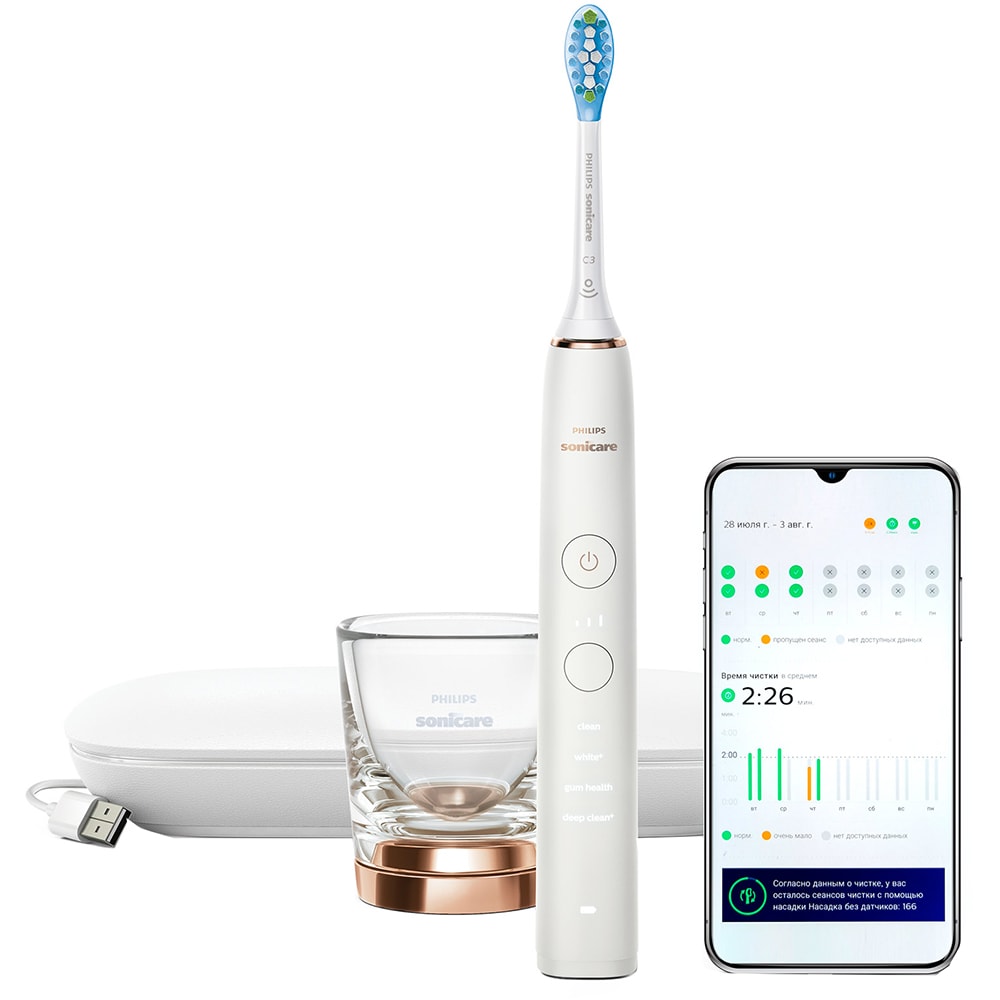 Periuta de dinti electrica PHILIPS DiamondClean 9000 HX9911/94, 62000 miscari/min, 4 programe, 1 capat, roz-auriu