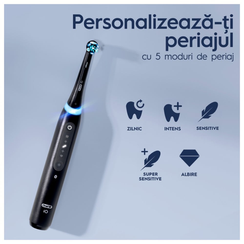 Set Periuta de dinti electrica ORAL-B iO5, 40000 pulsatii/min, Bluetooth, 5 programe, 1 capat, negru + Rezerve Oral-B iO Ultimate Clean, 2 bucati