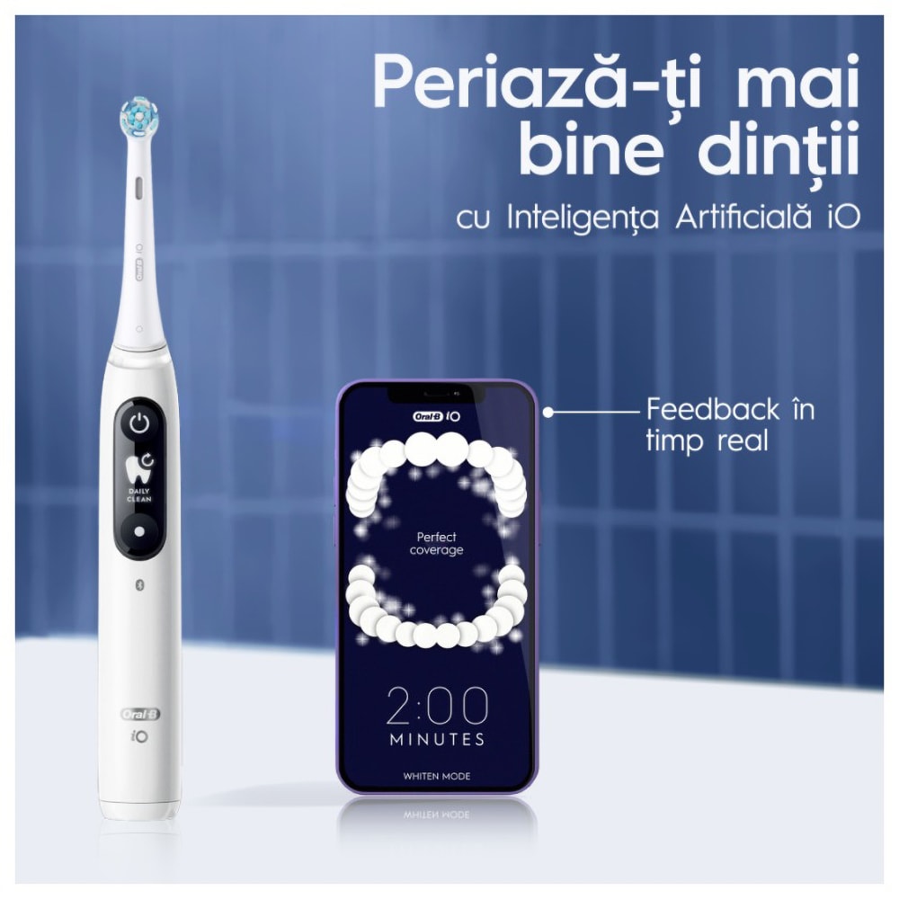 Set 2 Periute de dinti electrice ORAL-B iO7, Tehnologie Magnetica si Micro-Vibratii, 8800 pulsatii/min, 5 moduri, 2 capete, trusa de calatorie, alb/negru