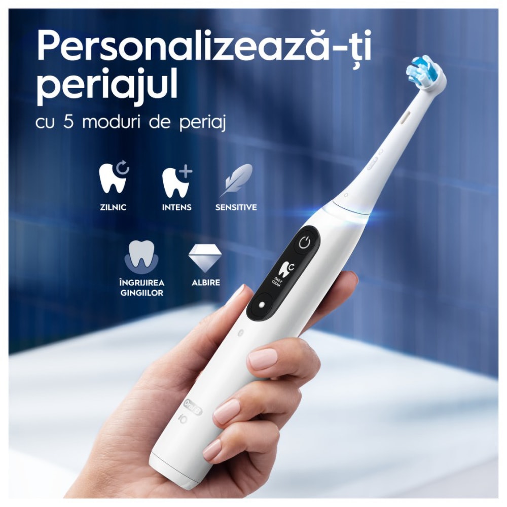 Set 2 Periute de dinti electrice ORAL-B iO7, Tehnologie Magnetica si Micro-Vibratii, 8800 pulsatii/min, 5 moduri, 2 capete, trusa de calatorie, alb/negru